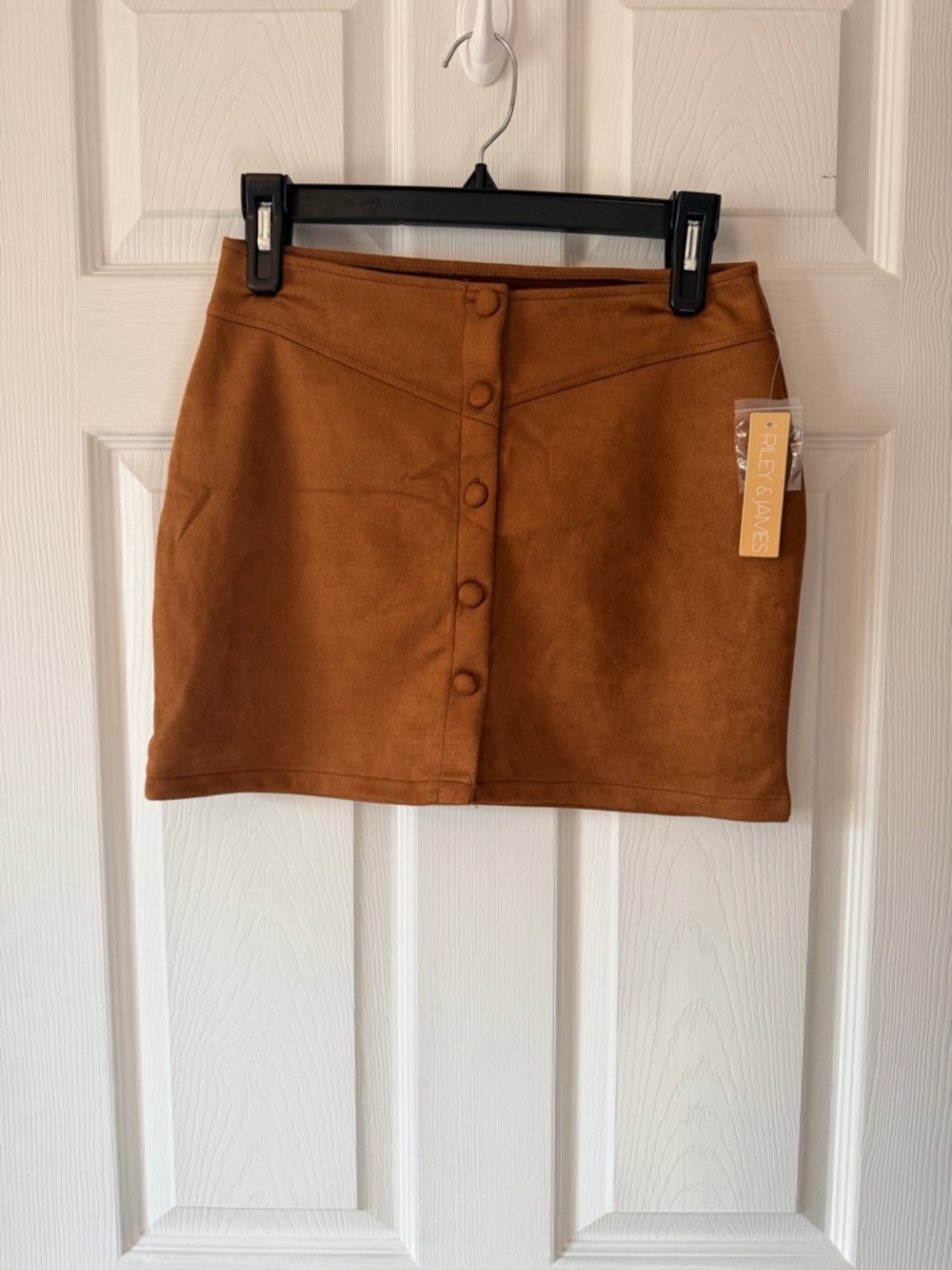 Riley & James Camel Suede-Feel Button-Front Mini Skirt